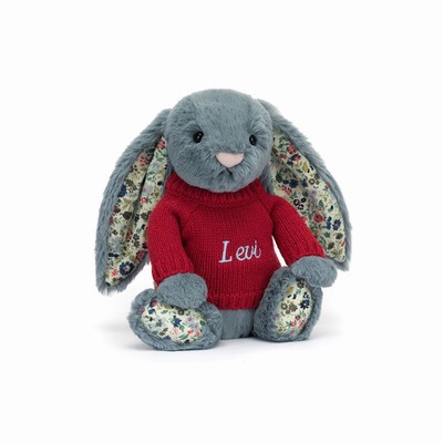 Jellycat Blossom Dusky Blue Bunny with Red Jumper USA | 87514HTUW